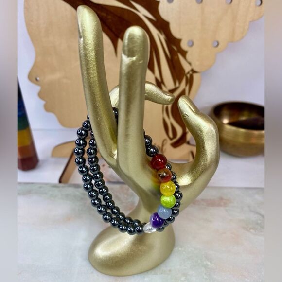 Handmade Hematite Rainbow Chakra Mixed Gemstone Bead Bracelet Set - Picture 8 of 8